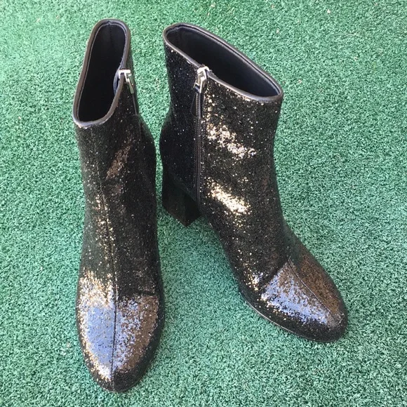 NWT Red Valentino Glitter Block Heel Boot Black 37